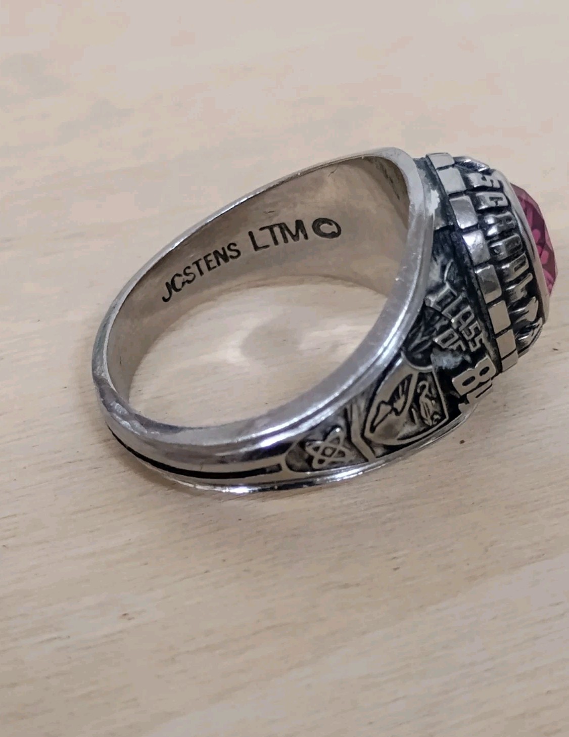Vintage 1984 Jostens Braves Ladies Class Ring Pink Simulated Ruby White Metal 6