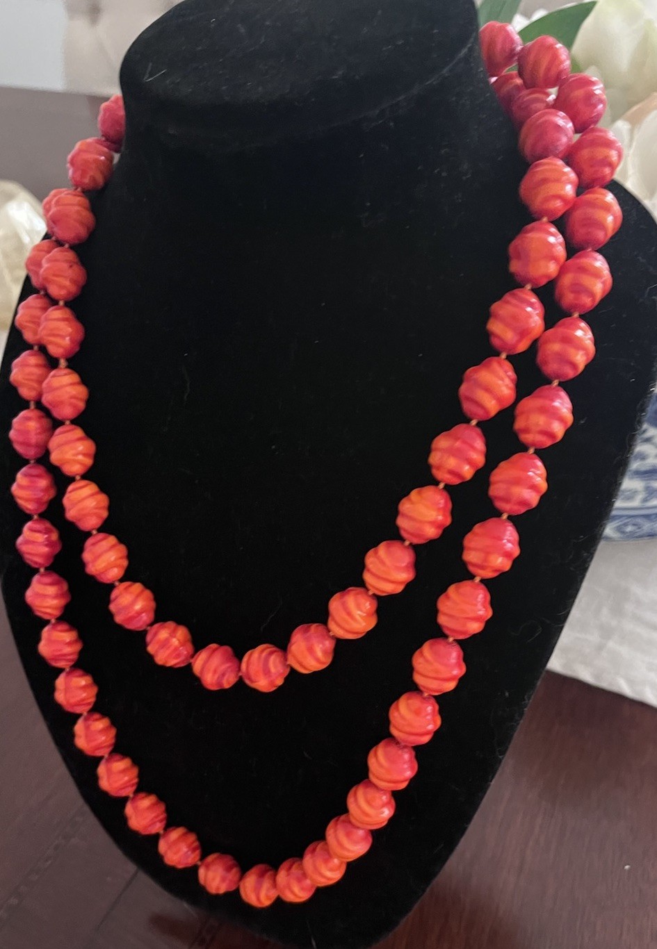 Vintage Orange Coral Red Resin Textured Beaded Extra Long 48” Knotted Necklace