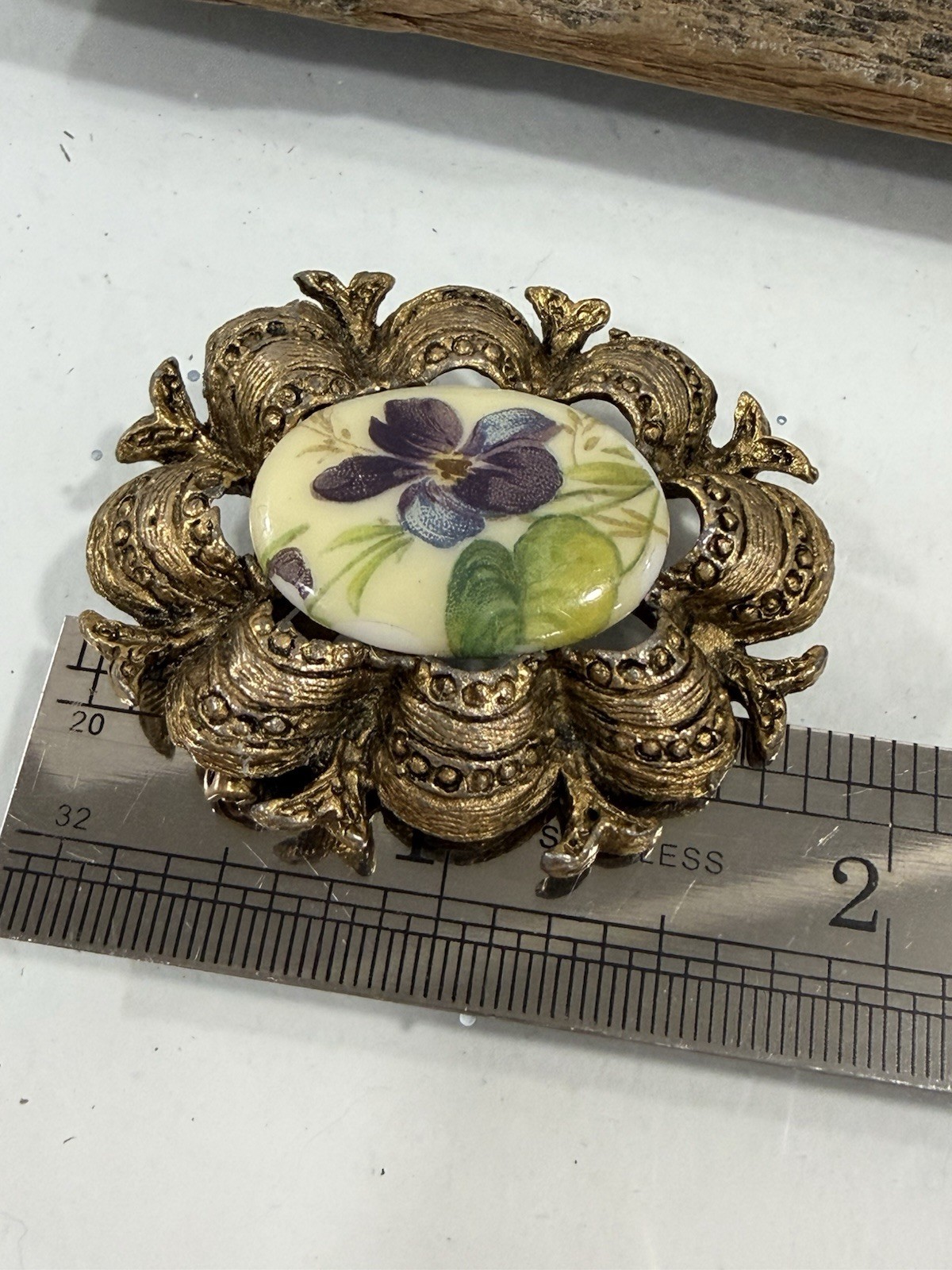 Vintage Victorian Revival Floral Porcelain Purple Violets Cameo Style Brooch