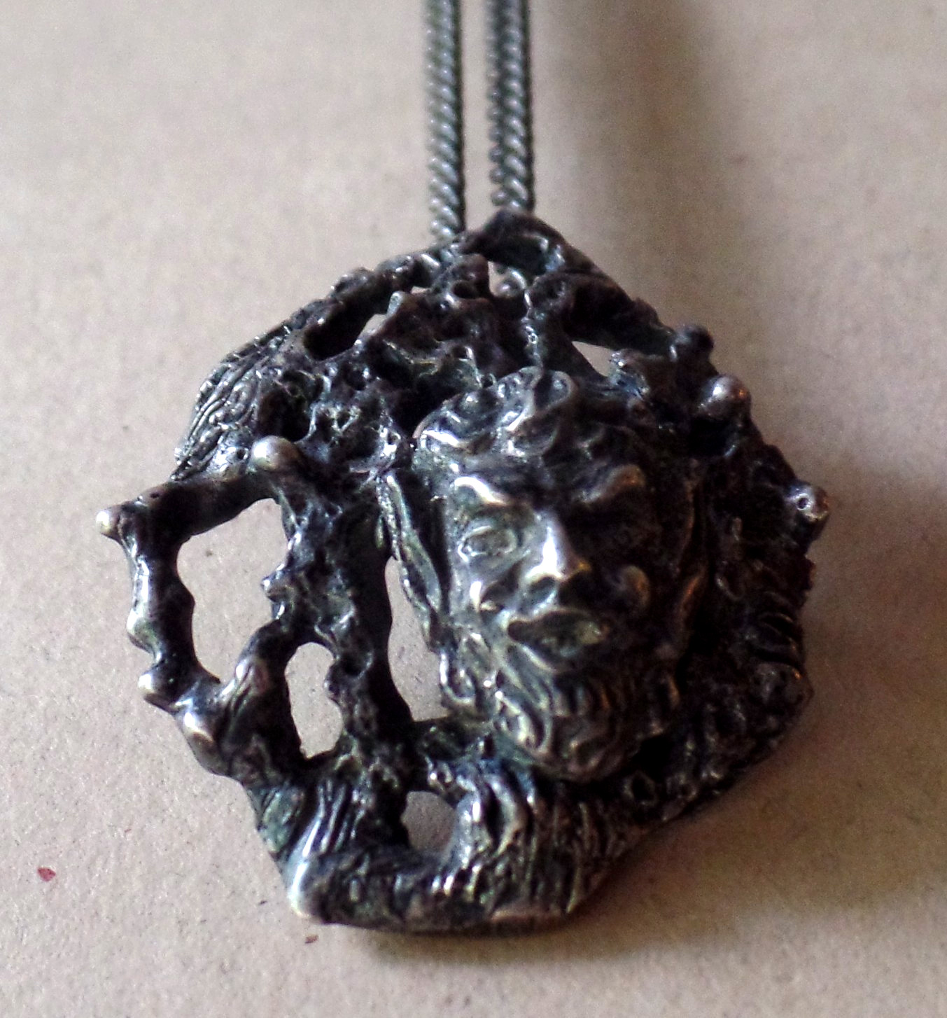 Vintage OOAK Abstract Handcrafted Asymmetrical Silver Necklace Demon Pendant (b)