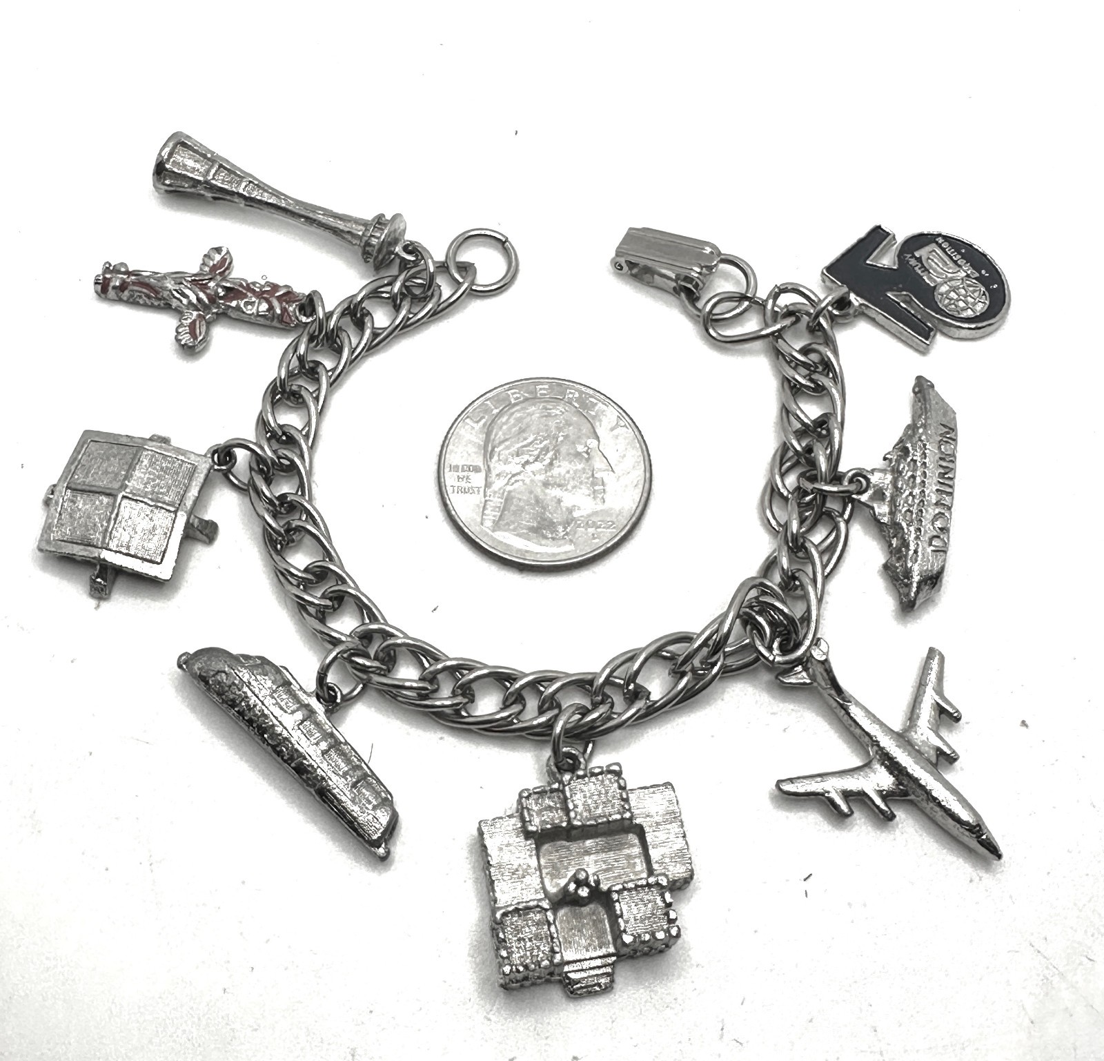 Vtg Worlds Fair 1962 Seattle Charm Bracelet Totem Pole Train Warship Cent 21