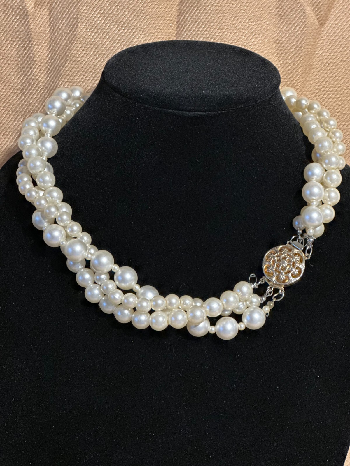 Vintage white plastic round beads necklace. 3 strands.