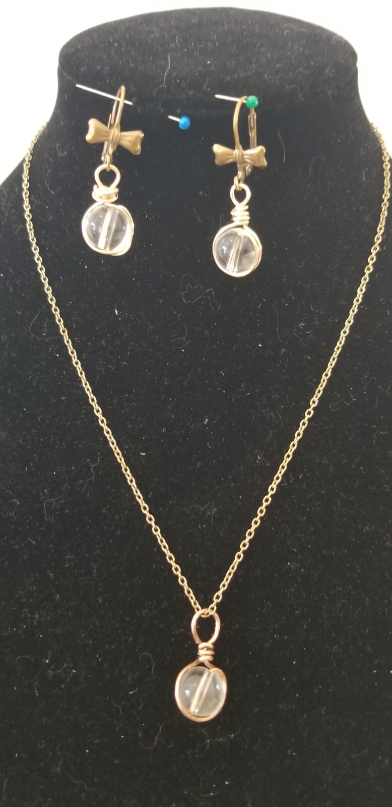 Vintage Elements 8mm Rock Quartz Victorian Necklace, Vtg. leverback earring set