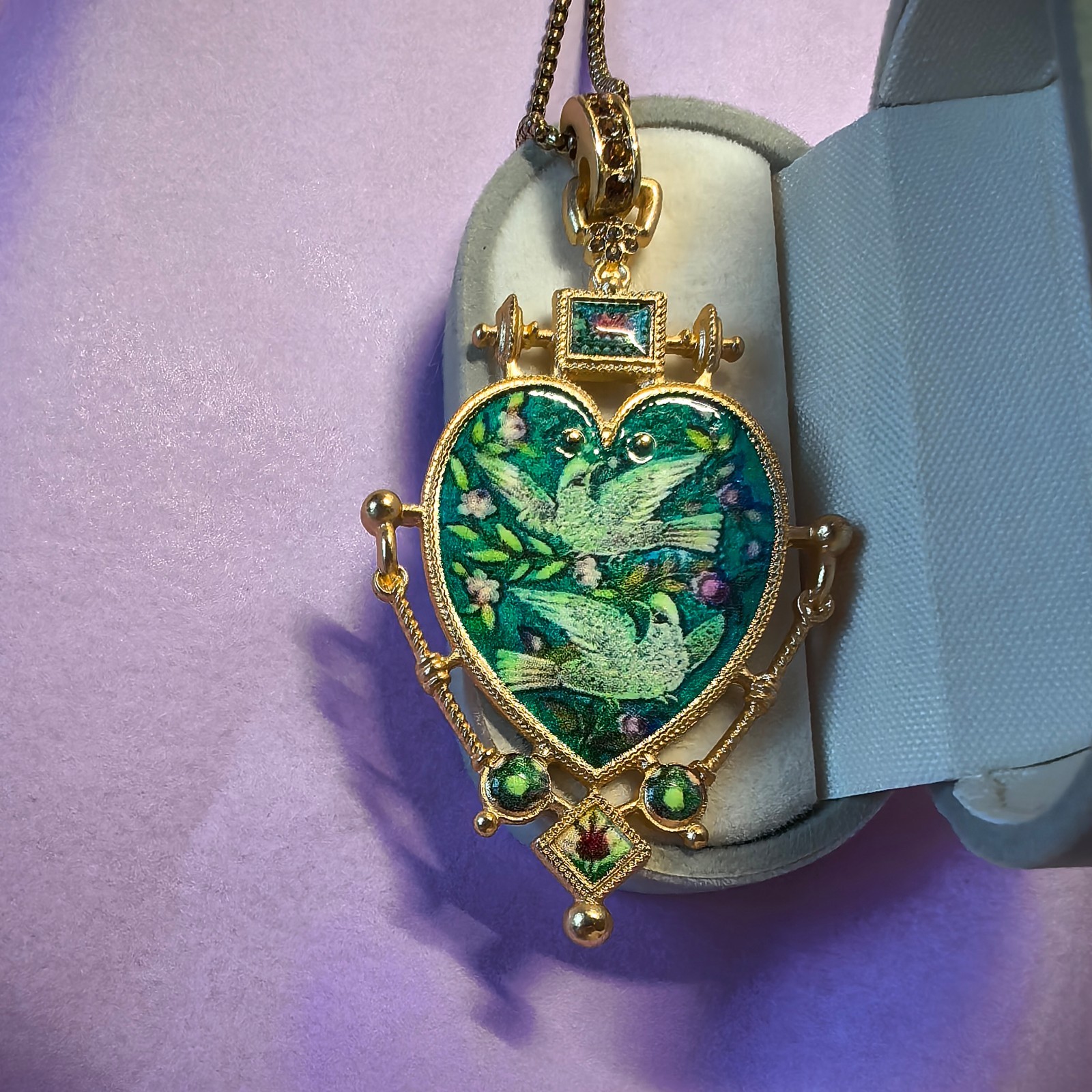 Vintage European Heart Enamel Necklace Unique Dove Inlay Retro Pendant Jewelry