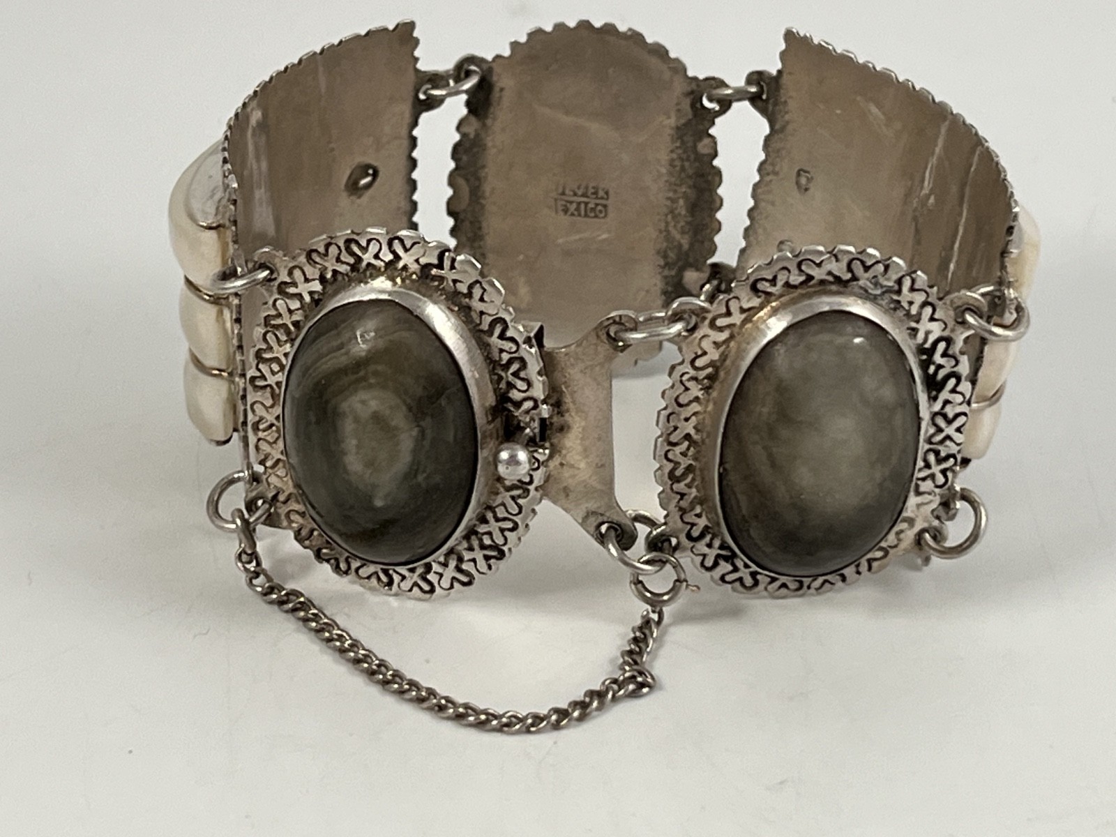 VINTAGE SILVER MEXICO BEIGE & WHITE AGATE PANEL BRACELET 7.25