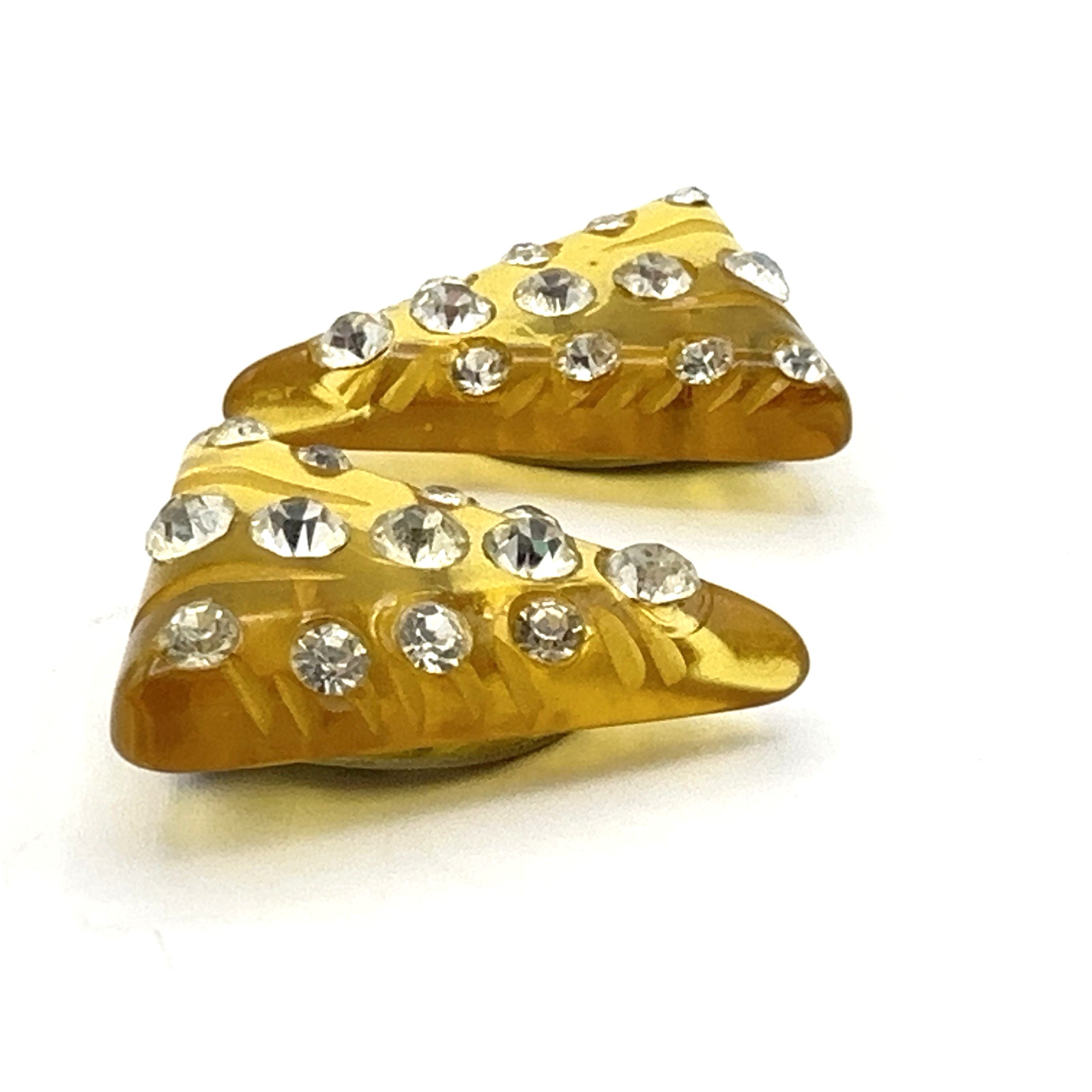 BAKELITE dress clip set – vintage apple juice carved w/ rhinestones triangle pin