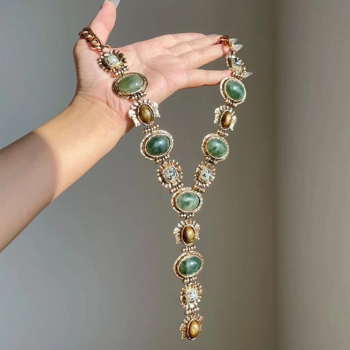 Vintage Glam Green stone Tiger Eye Choker Gold Victorian Statement Necklace gift