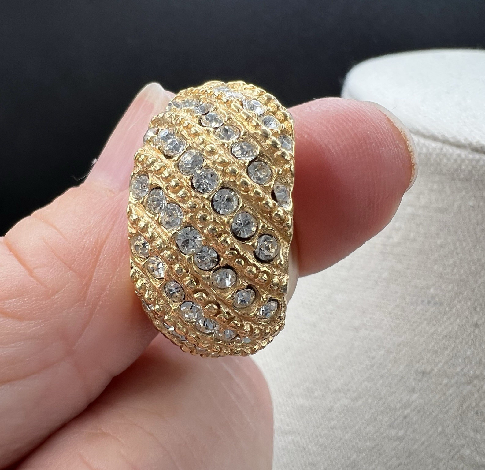 Vintage Gay Boyer Rhinestone Dome Clip Earrings Gold Tone Pave Glam Statement
