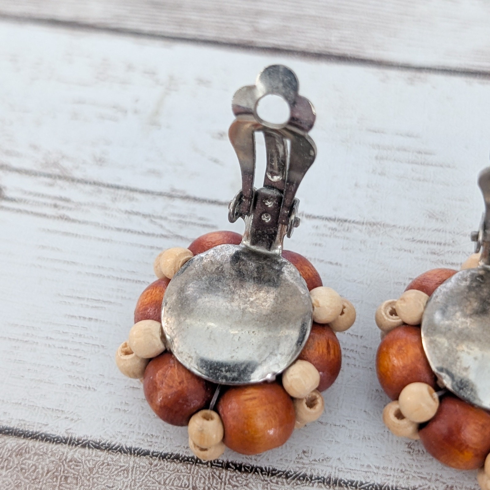 Vintage Clip On Earrings Brown & Tan Wooden Cluster Fall Autumn Tone