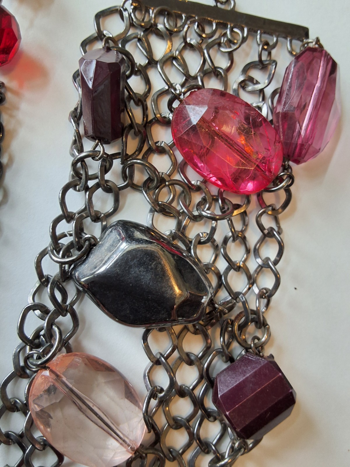 Vintage Multi Strand Tassel Necklace with Deep Red Acrylic Beads and Bracelet.