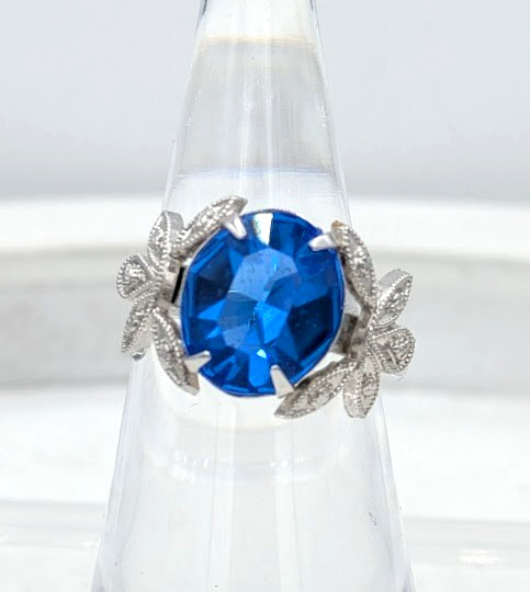 Vintage Blue Cocktail Ring UNCAS 18KT HGE Glass Statement Size 6.75