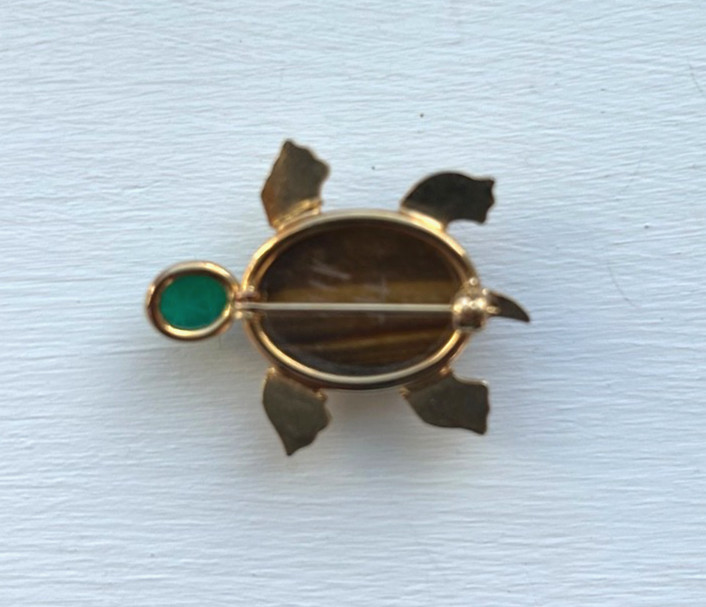 Vintage Tiger’s Eye Scarab Turtle Pin Brooch with Green Stone Head