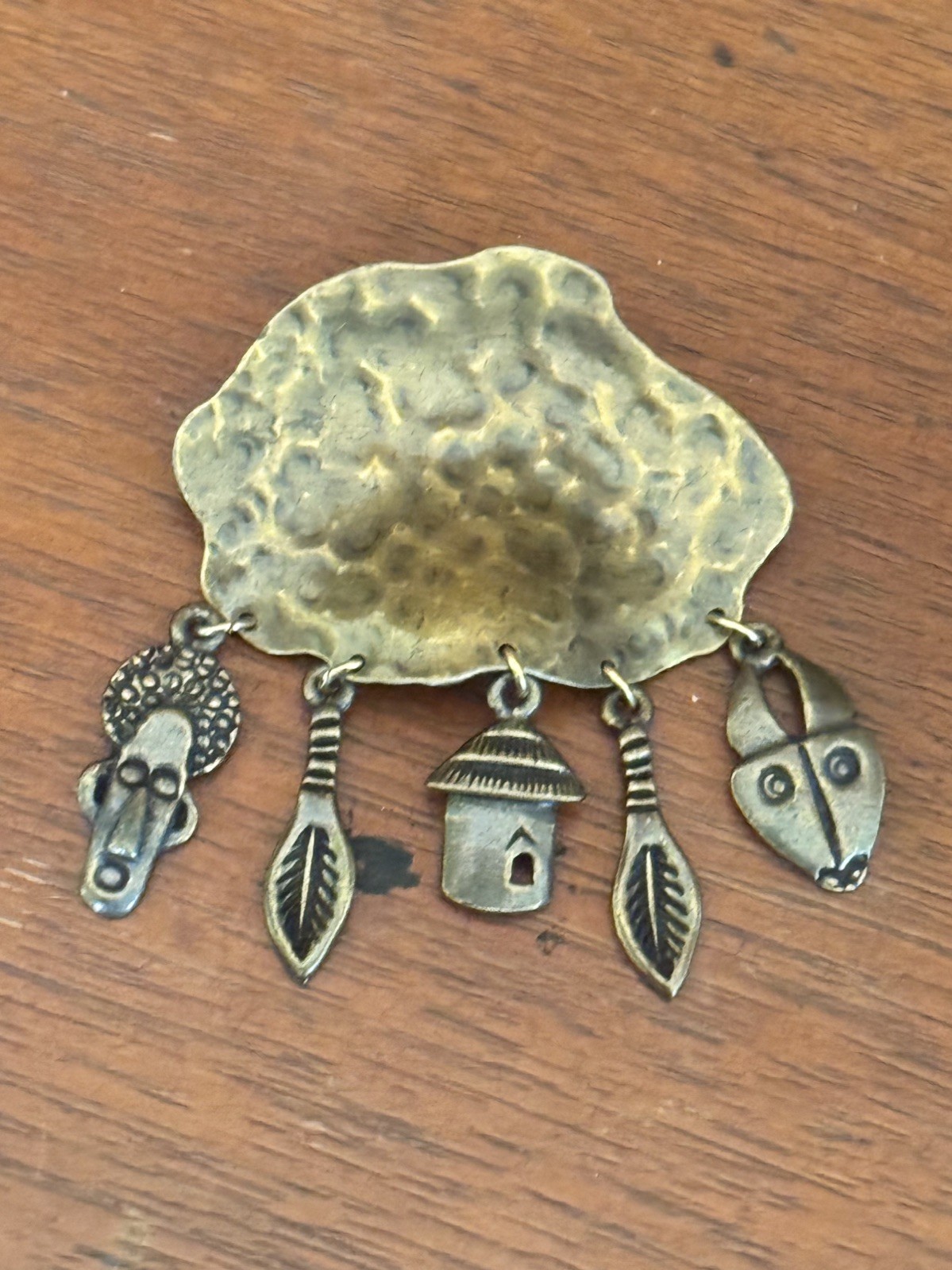Vintage Hammered Metal Primitive African Charm Brooch And Earrings Set As Is