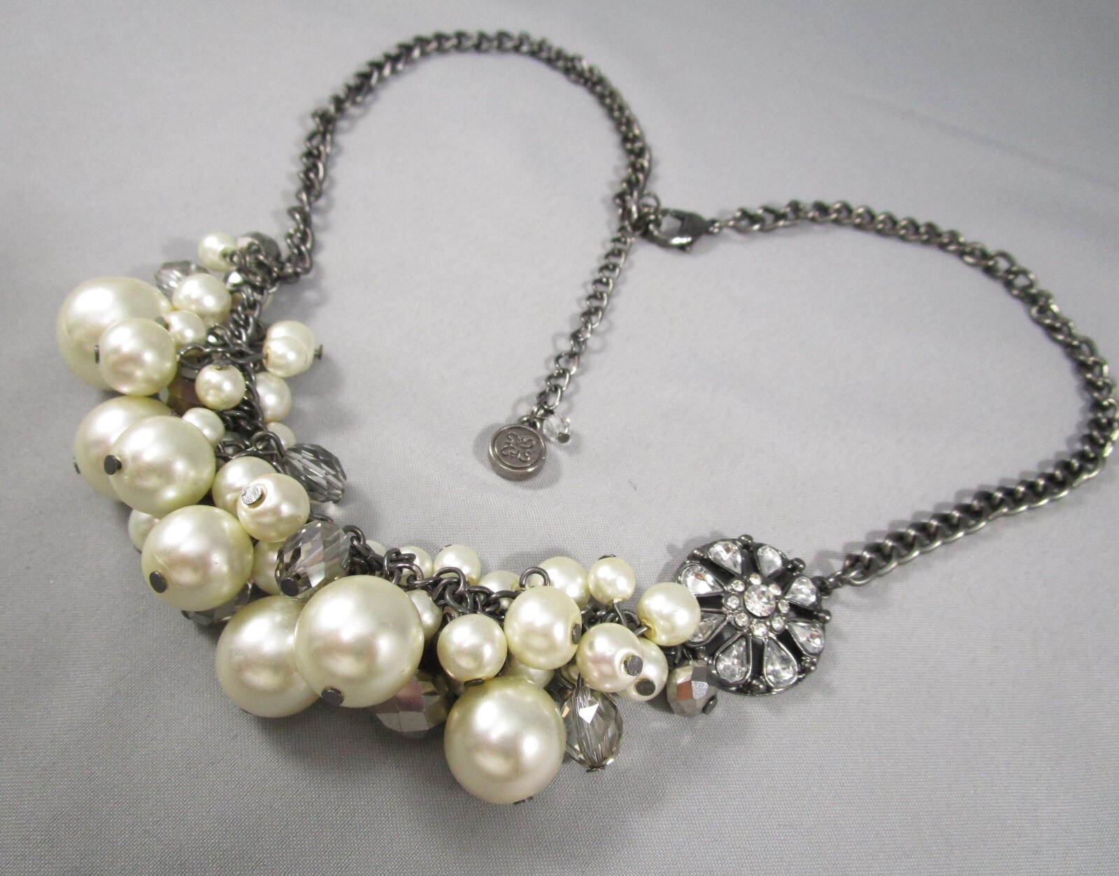 Unknown Designer Black w Cream Faux Pearl Cluster Rhinestones Necklace 5694