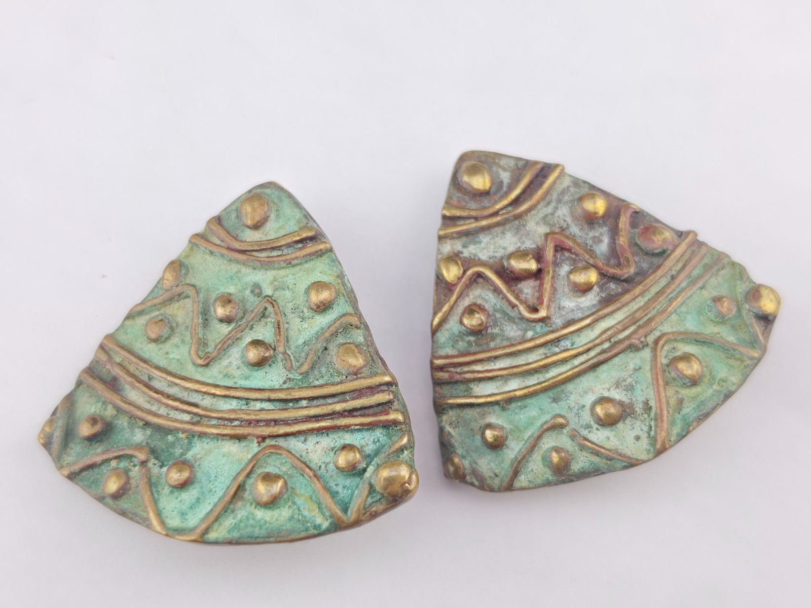 Chunky Vintage Elaine Coyne Verdigris Brass Clip Earrings & Cuff Bracelet Set