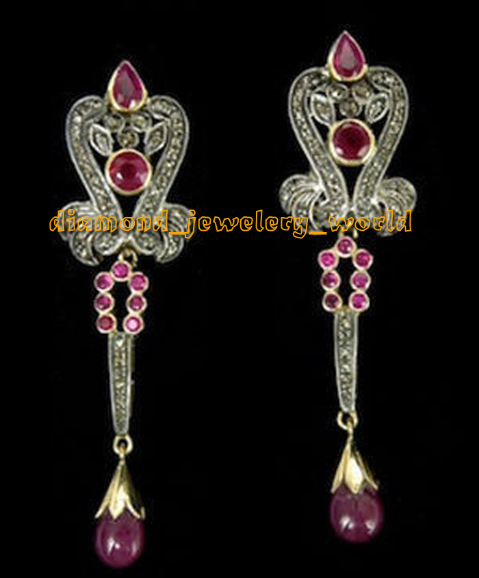 1.97ctw Rose Cut Diamond Ruby Studded Silver Victorian Stunning Earring Jewelry