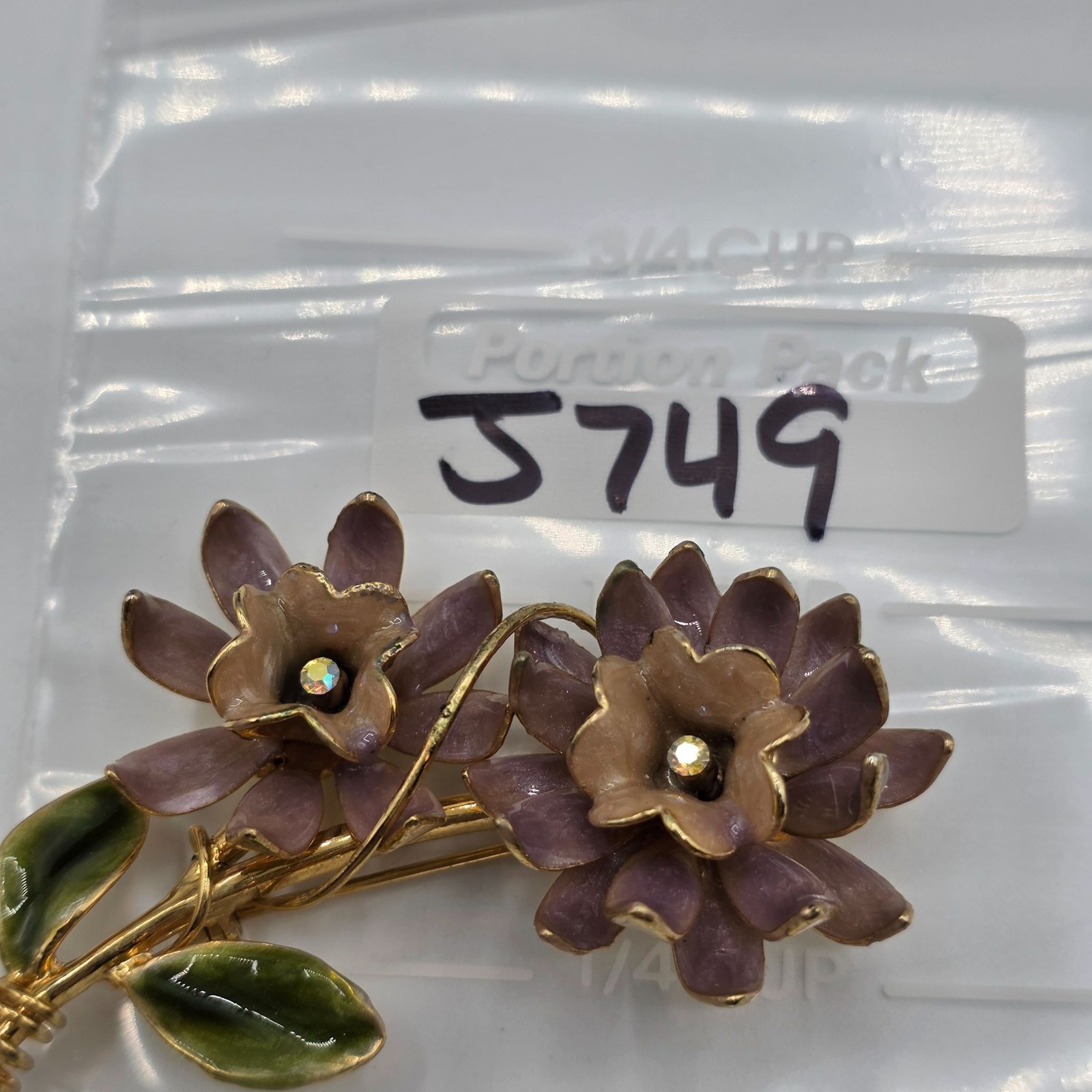 Vintage Enamel Flower Brooch Gold Tone Two Tone Petals Rhinestone Accent Jewelry