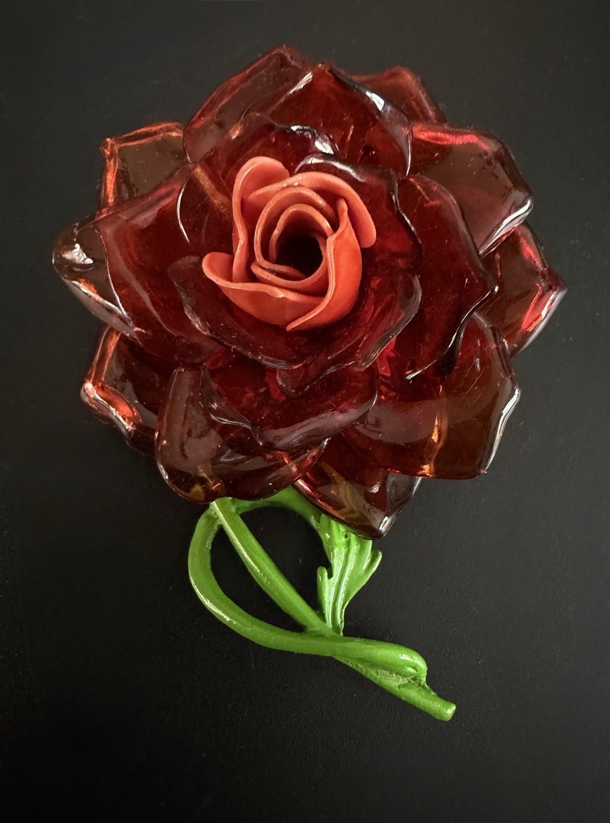Vtg Coral Cellulose Acetate Rose Flower Brooch Enamel Green Stem 3D Translucent