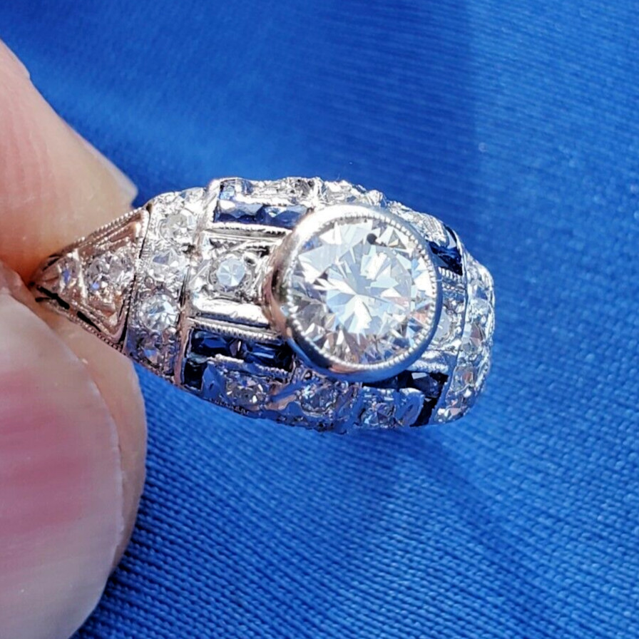 Original EARTH MINED DIAMOND Deco Engagement Ring Platinum Sapphire Solitaire 6