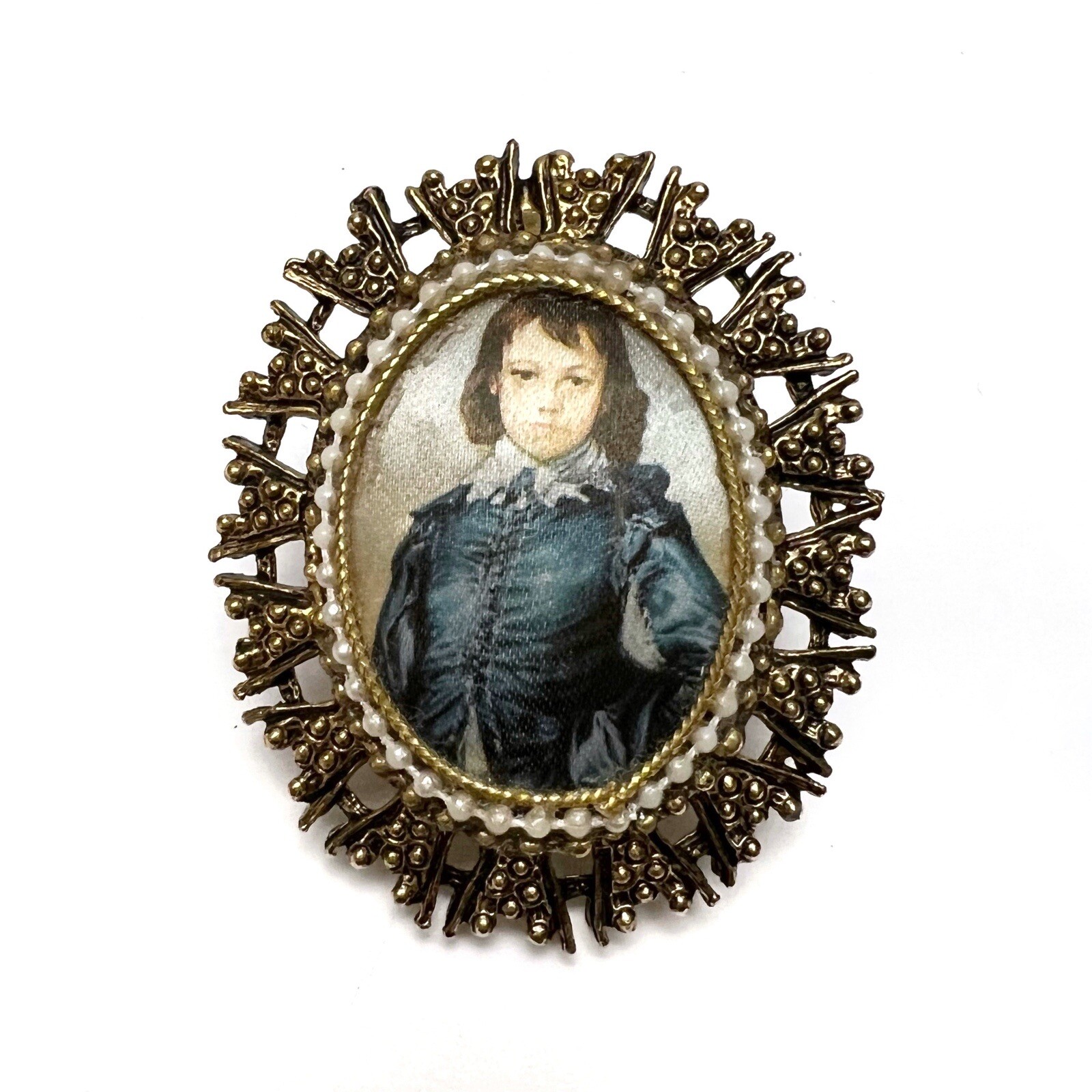 Vintage Victorian Revival Portrait of Boy Faux Pearl Fabric Oval Ornate Pendant