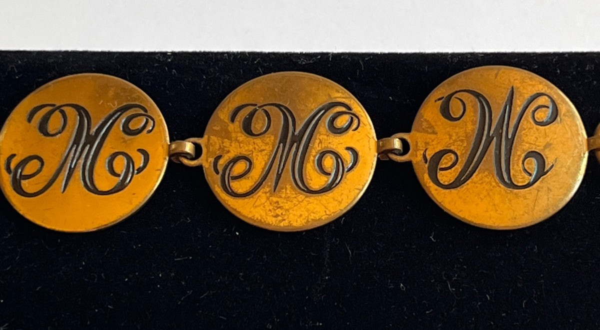 Vintage Brass Bronze Tone Initial Monogram Charm Link Bracelet 1950s MMW