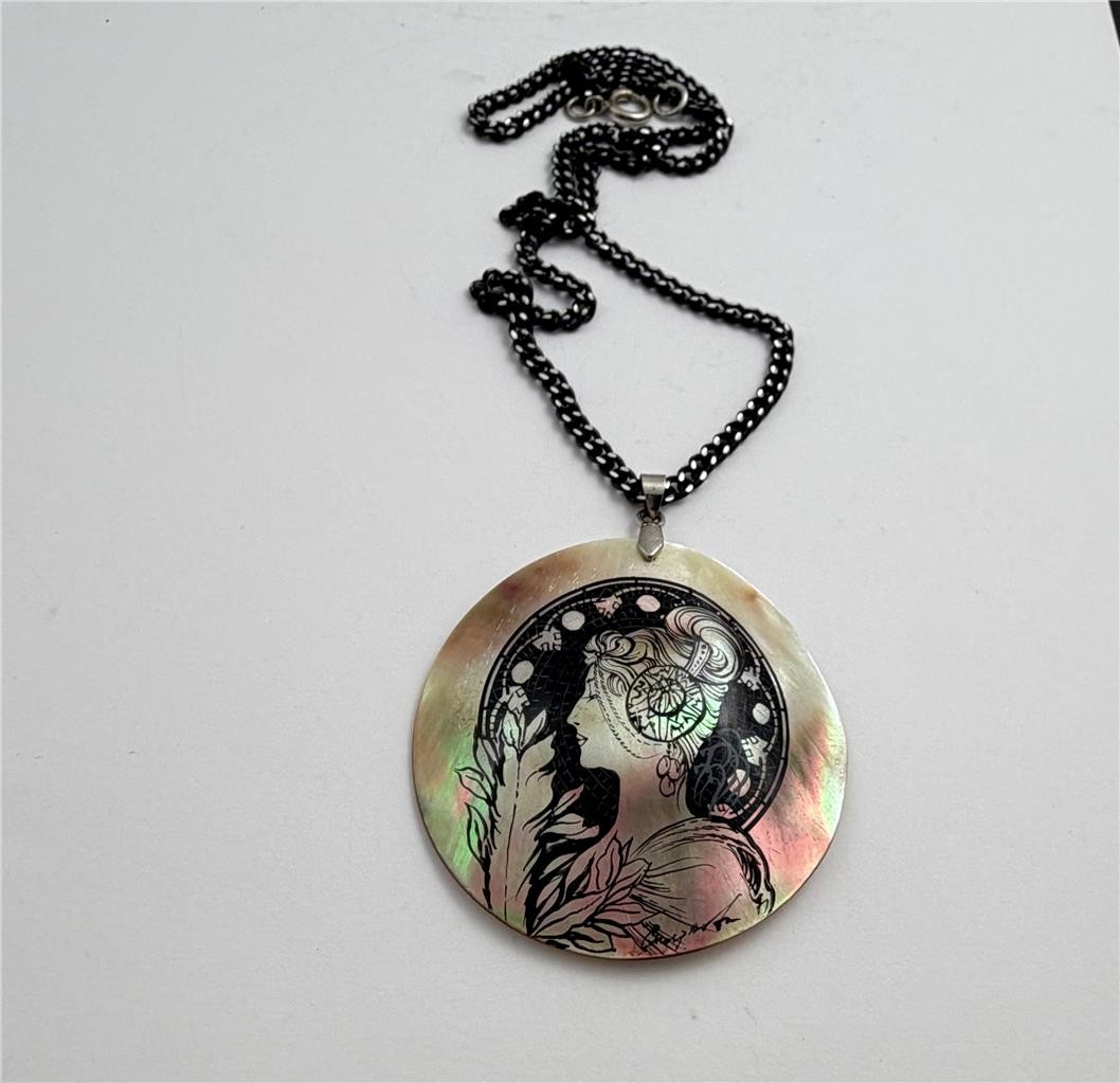 Vintage Shell Pendant with Art Nouveau Lady Portrait Black Chain Necklace 18″ L.