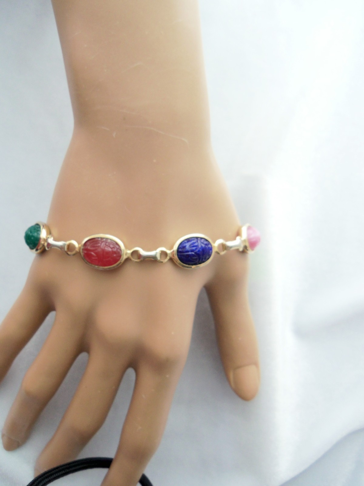 VTG Multicolor Faux Gemstone Scarab Link Gold Tone Bracelet With Safety Chain