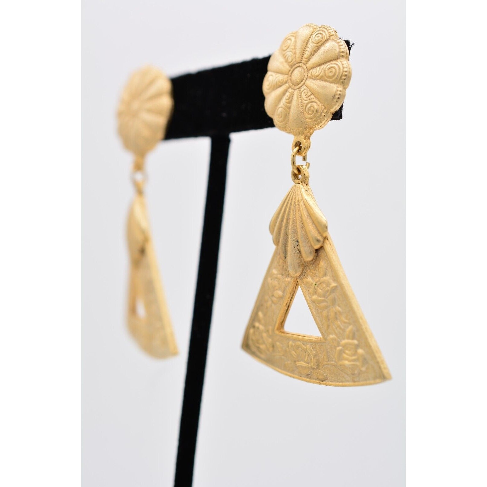 Vintage Statement Dangle Earrings Brushed Gold Floral Heavy Chunky Bold BinAZ