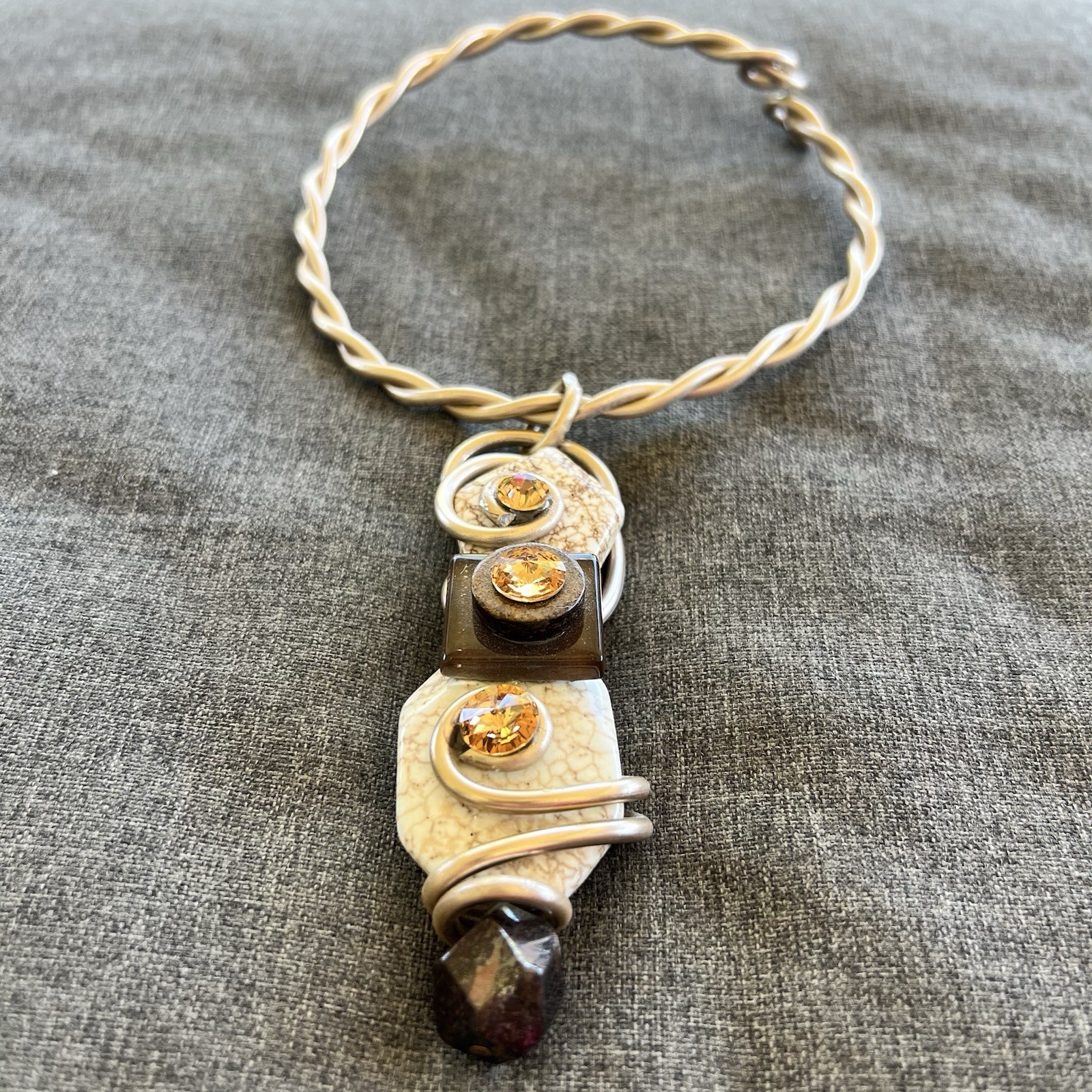 Vintage Jeff Lieb Wire Choker Necklace Gold Tone Natural Stones Citrine Crystals