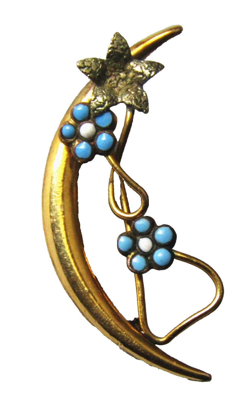 Victorian CRESCENT MOON STAR & Forget Me Not Pin Gold & Turquoise