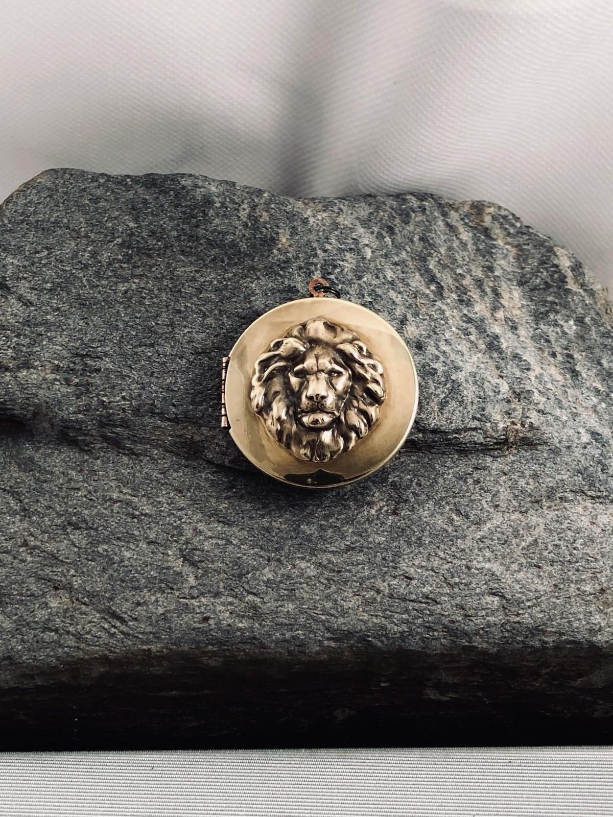 Vintage Lion Locket Necklace, Antique Brass Photo Pendant Pill Keepsake Box