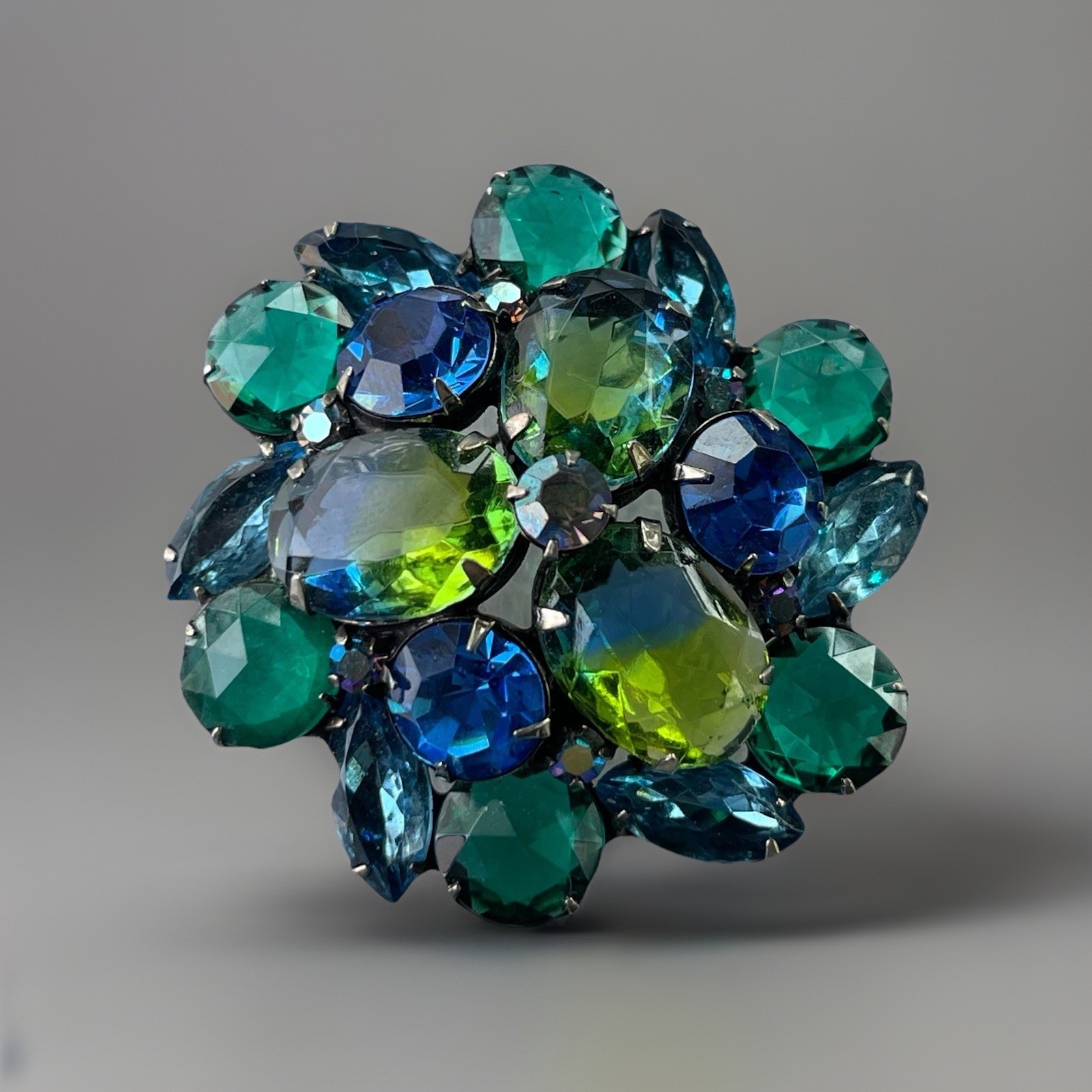 Vintage Kramer NY Sapphire Blue Emerald Green Watermelon Dome Rhinestone Pin