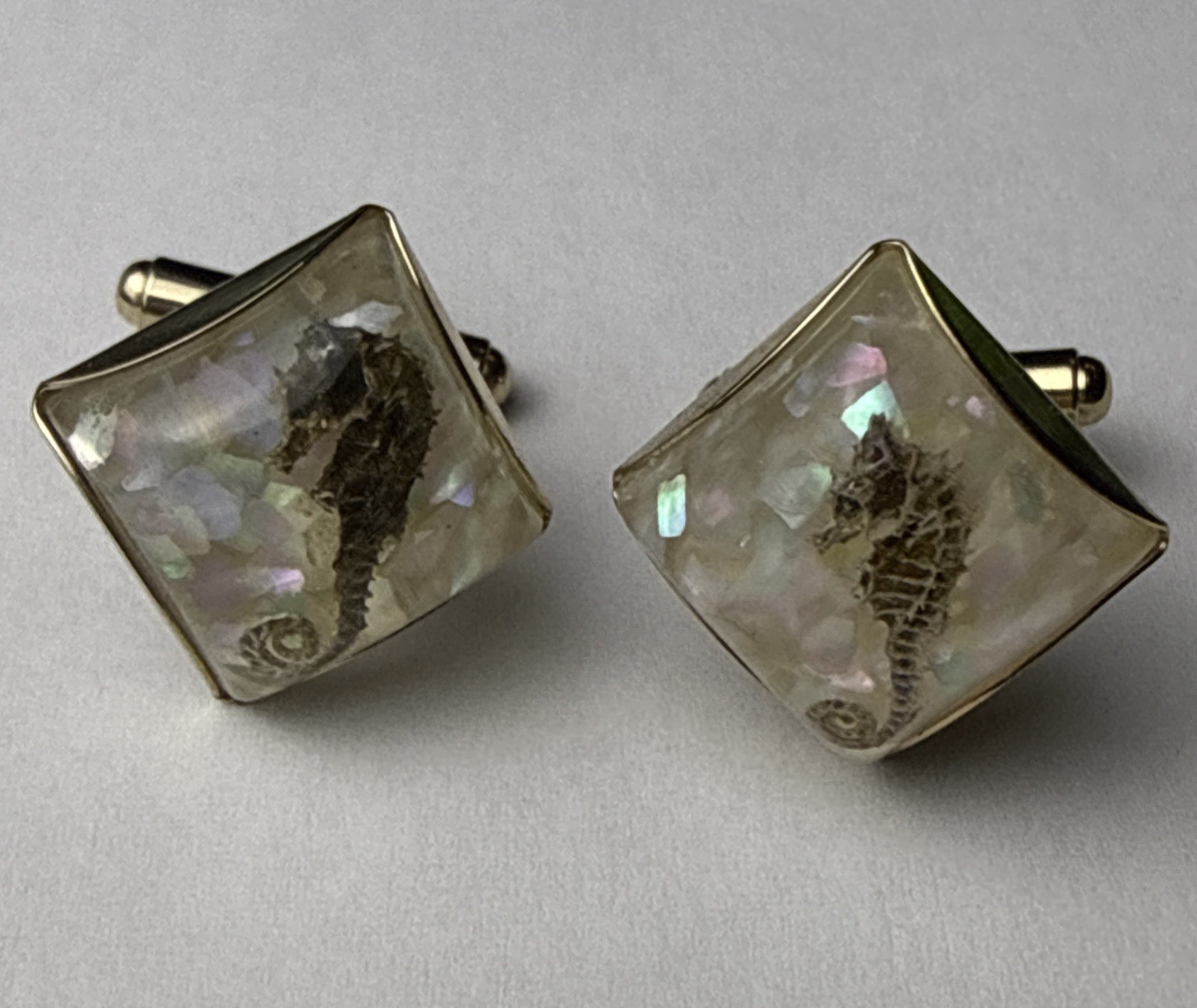 Rare 1960s Genuine Seahorse Confetti Lucite Domed Cuff Links-aquatic Sea Life