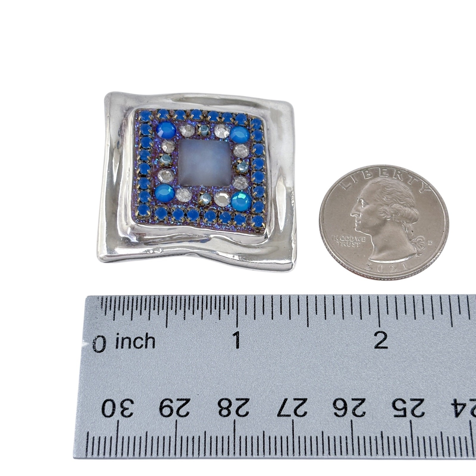 Artisan Electroform Sterling Silver 925 Blue Crystal Bead Enamel Square Pendant