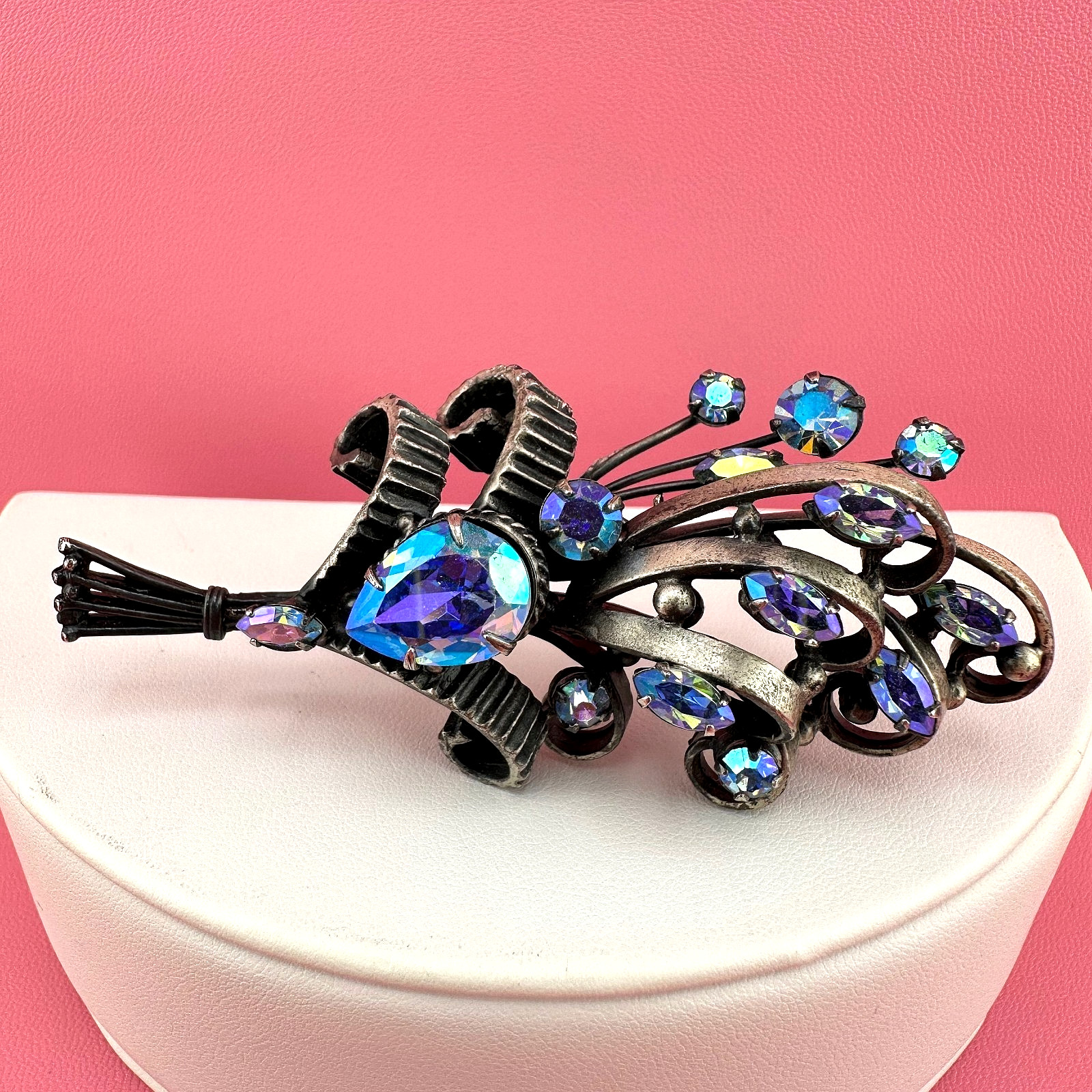 Vintage Rhinestone Brooch Aqua Blue Aurora Borealis Floral Bouquet Pot Metal?