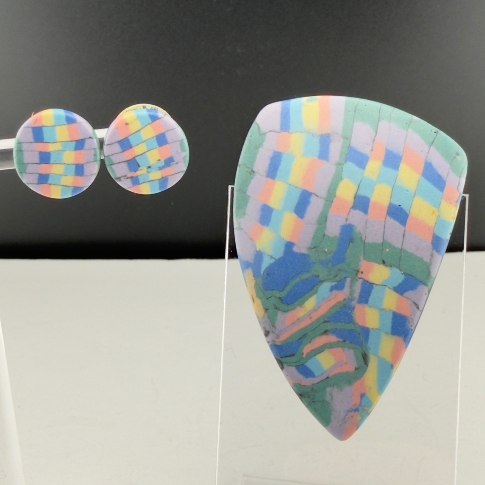 Vintage Pastel Color Block Brooch Earrings Set Abstract Plastic Statement Retro