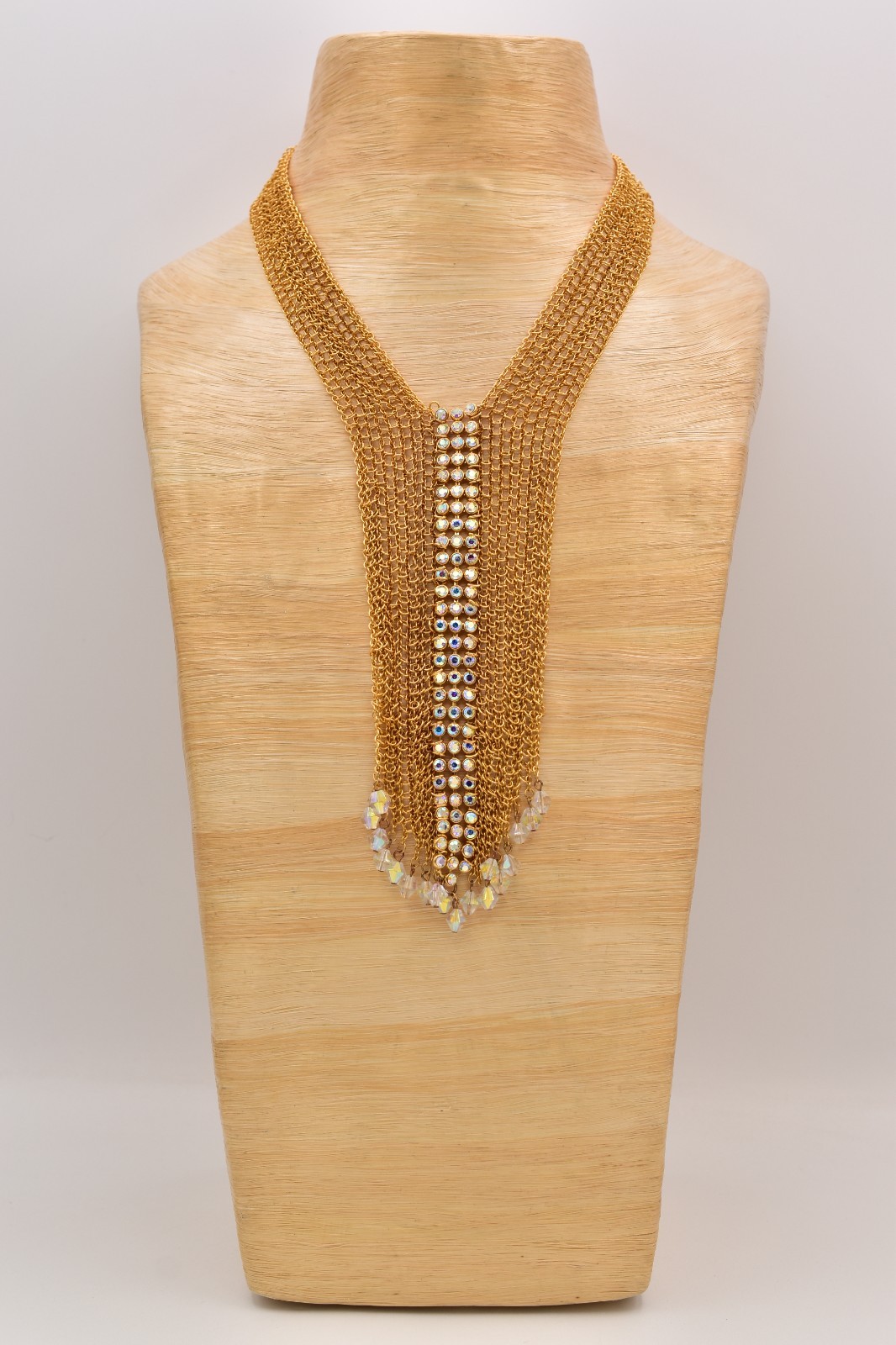 Felicia Vintage Gold Mesh Bib Necklace AB Rhinestone Crystal Fringe 1990s BinBN