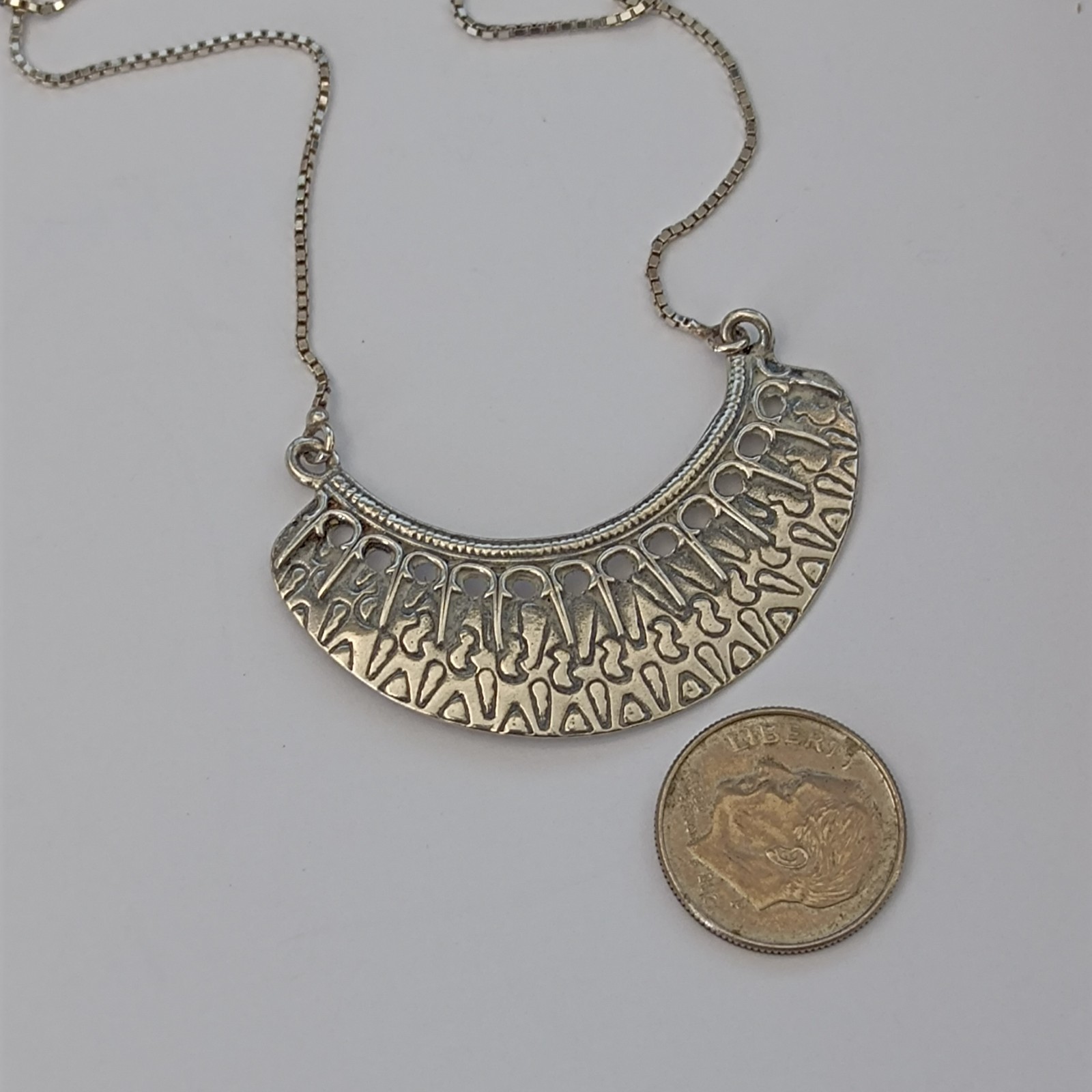 Vintage Sterling Silver Moon Crescent Necklace Ethnic Folk Inspired Engraved Bib