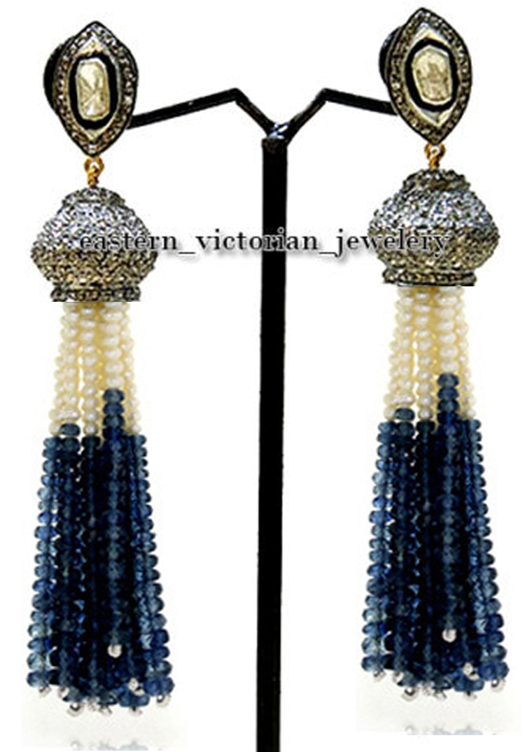 3.40Ctw Rose Antique cut Diamond Gemstone Silver Vintage Tassel Earring Jewelry