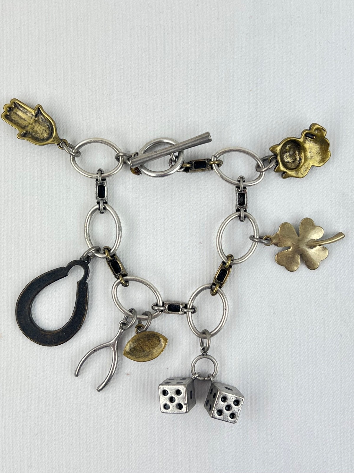 Matte Silver Metal Good Luck Charm Bracelet Dice Shamrock Wishbone Horseshoe 8″