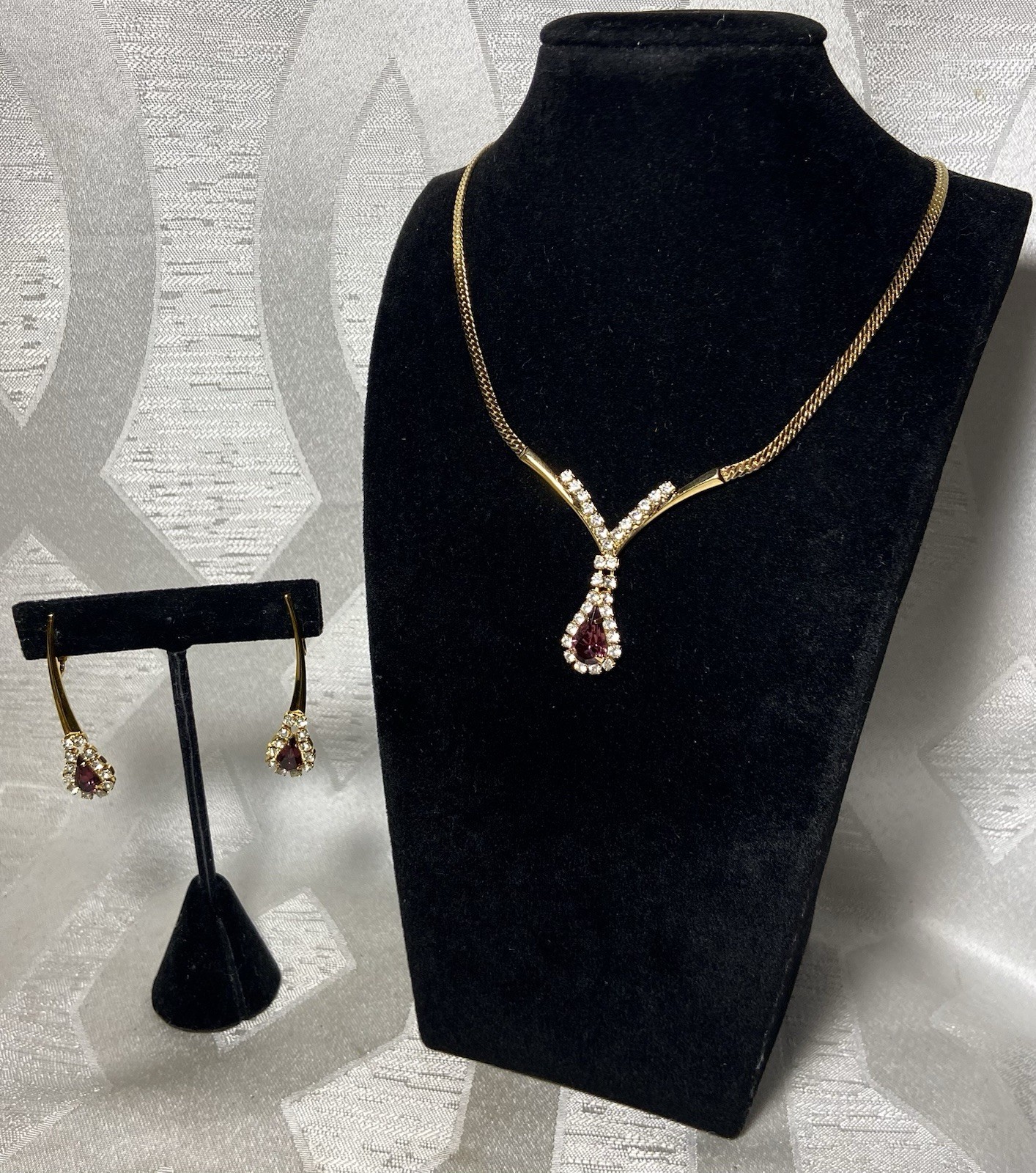 Vintage Rhinestone Purple Teardrop Necklace & Earring Set Statement Jewelry 3pc