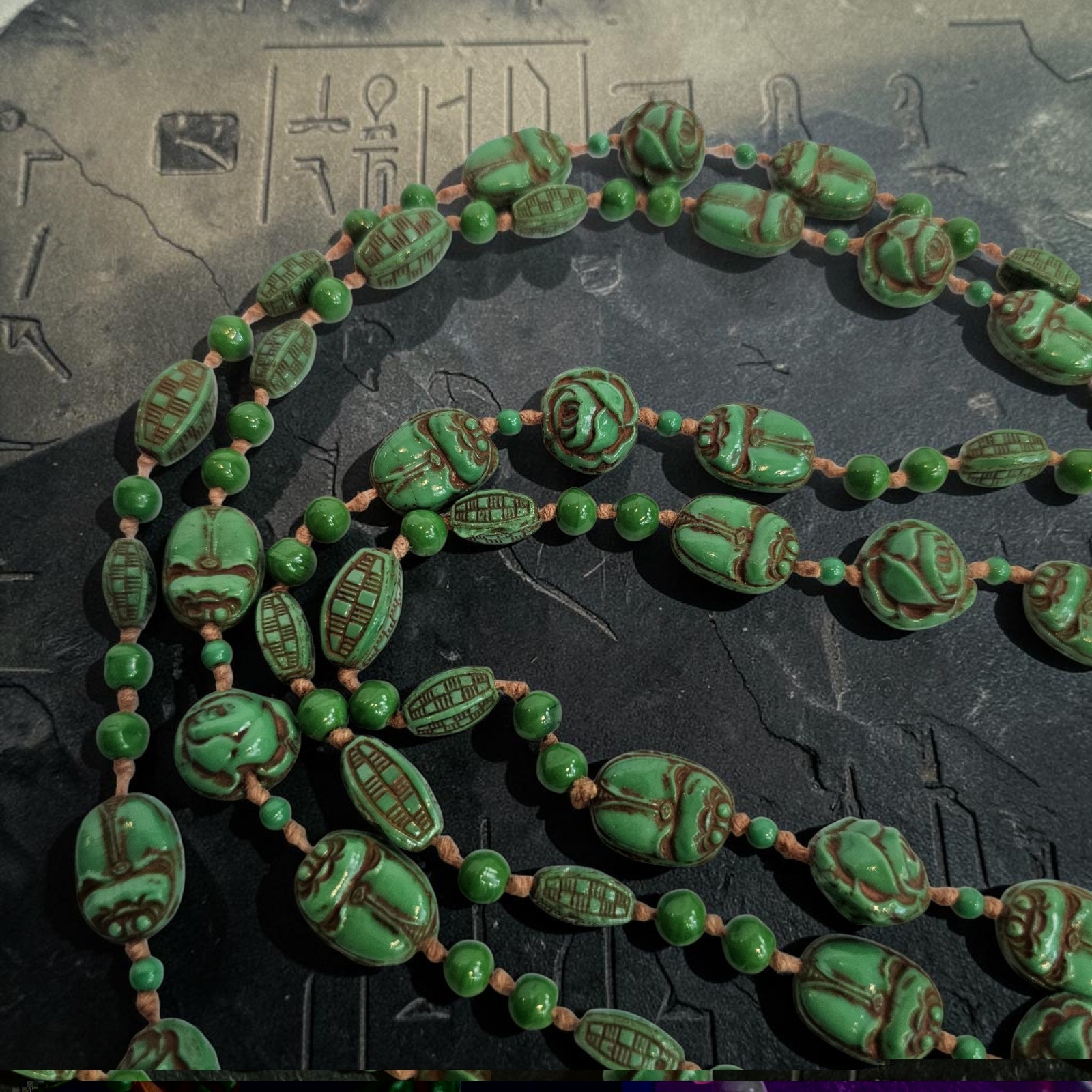 Antique Neiger Brothers 1920s Art Deco Egyptian Revival Czech Scarab Necklace