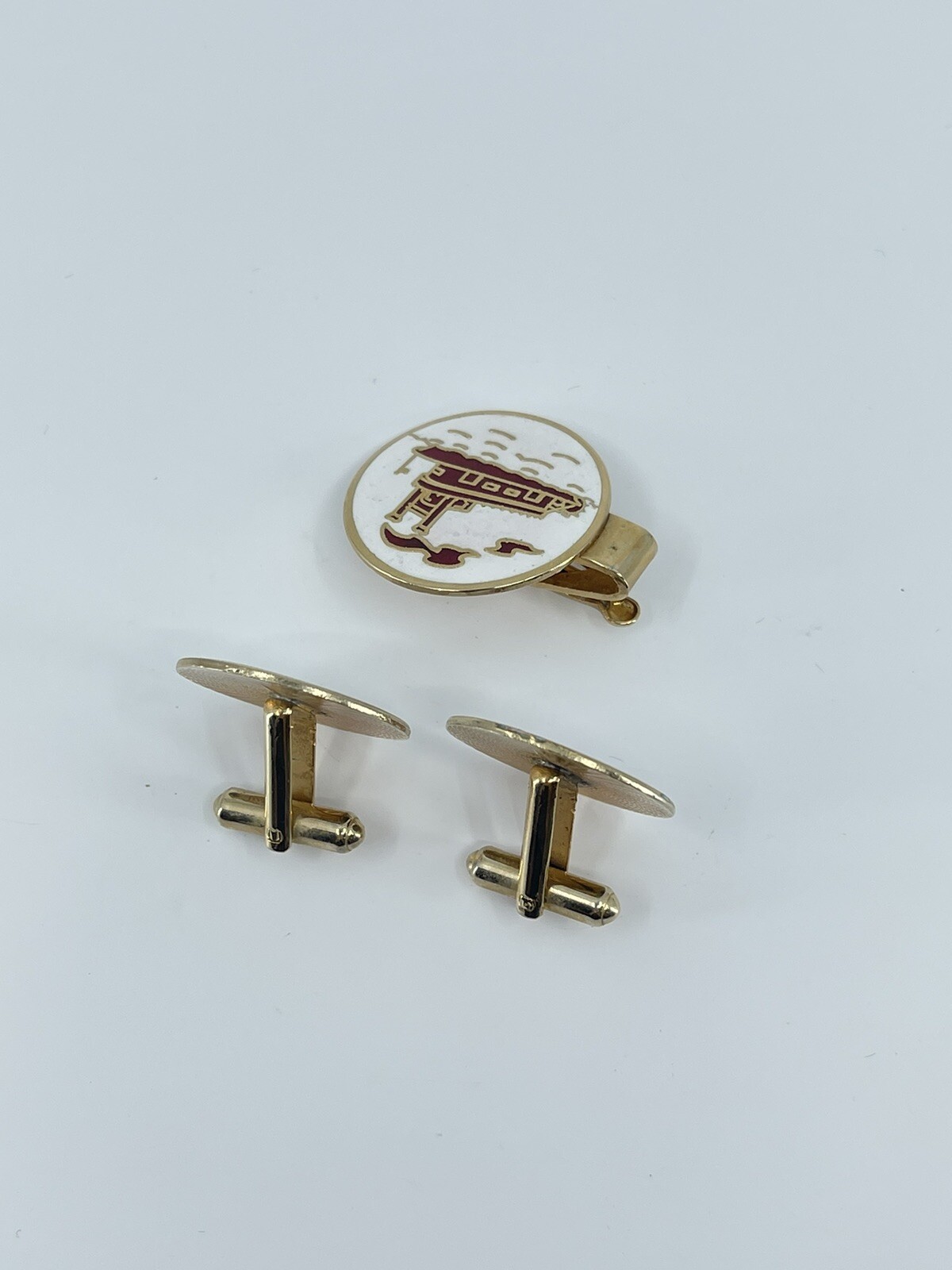 Mr Tara River boat cufflinks and tie clip set red gold white enamel 1″