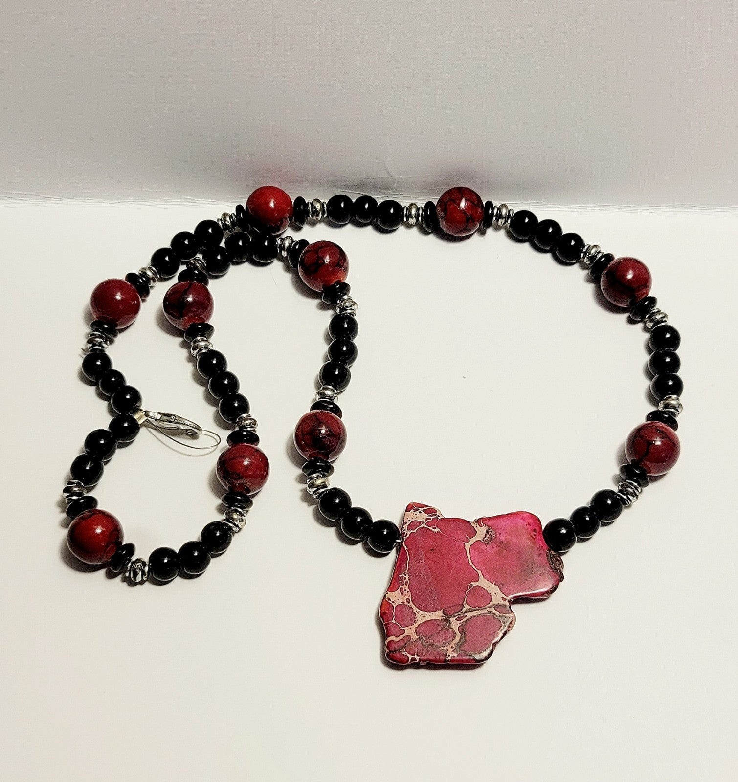 Vintage Costume Handmade Necklace Maine 19″ Polished Pink Red Agate B65