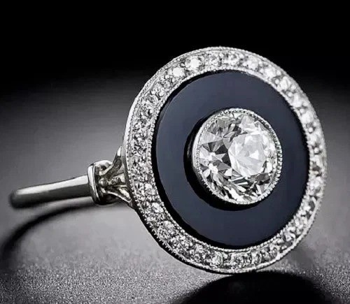 Art Deco Style Lab-Created Diamond & Black Onyx Wedding 14k White Gold FN Ring