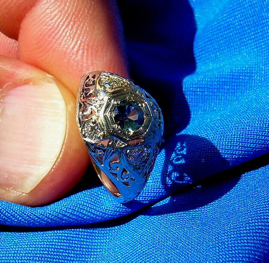 Original EARTH MINED SAPPHIRE DIAMOND Deco Engagement Ring Vintage Solitaire 14K