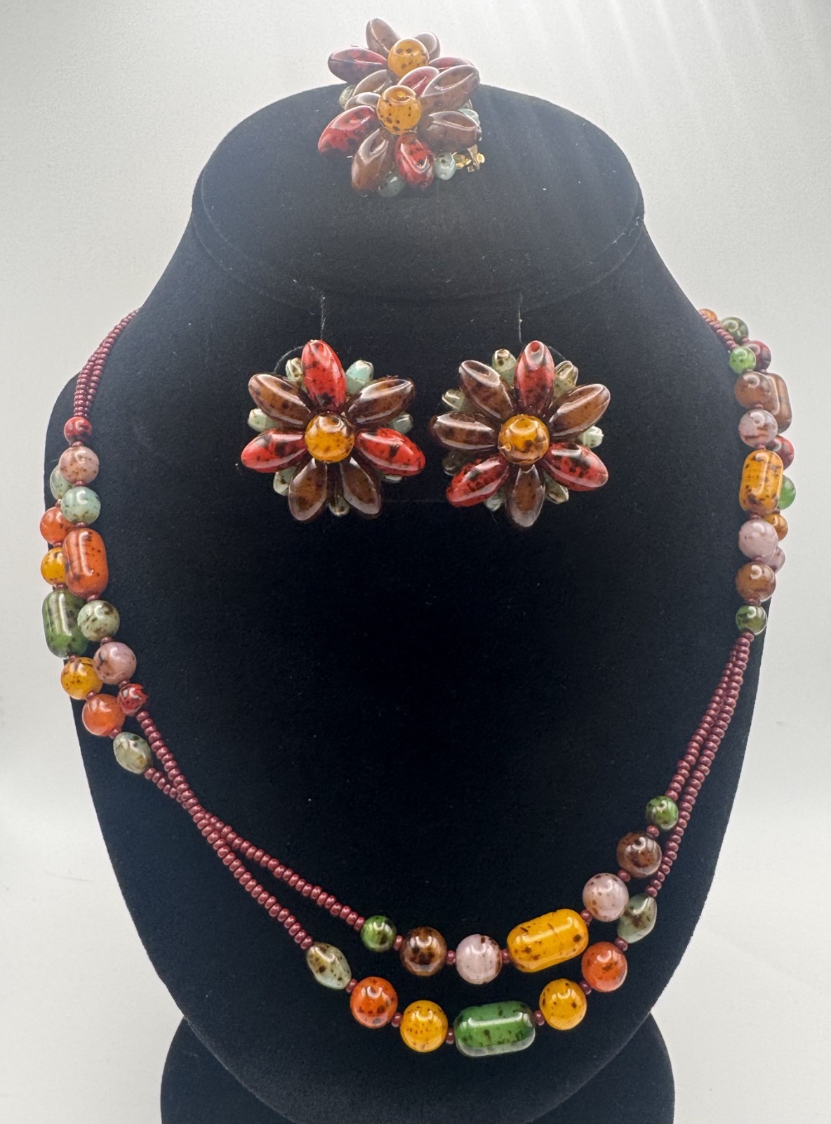 VTG Czech Glass Beaded Necklace with Pierced & Clip On Earring Set