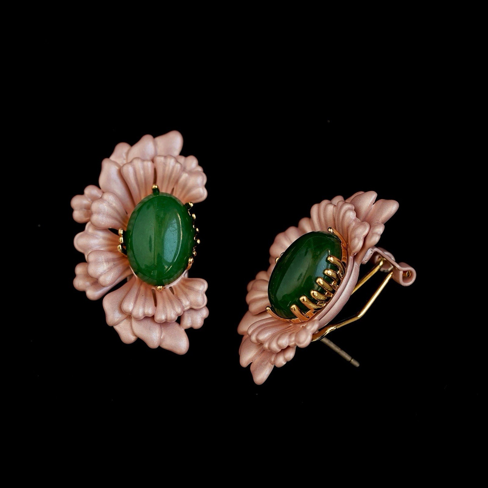 Pink Enamel Floral Earrings with Green Jade-Style Center-Vintage Style