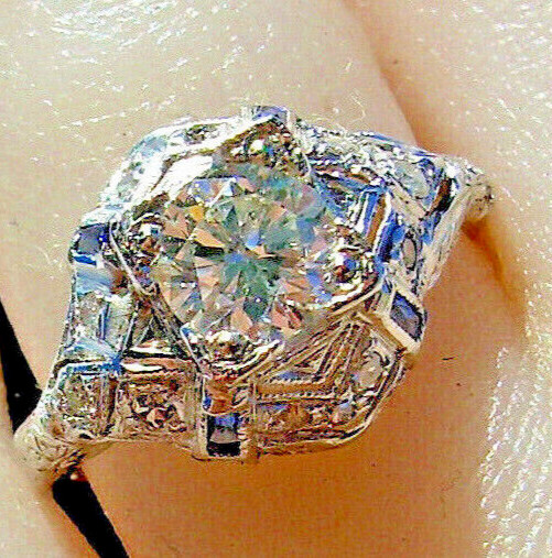 Original EARTH MINED DIAMOND Deco Engagement Ring 1 ct Vintage PLATINUM Sapphire