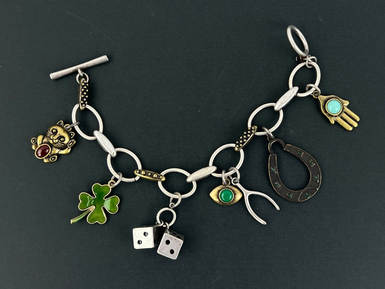 Matte Silver Metal Good Luck Charm Bracelet Dice Shamrock Wishbone Horseshoe 8″